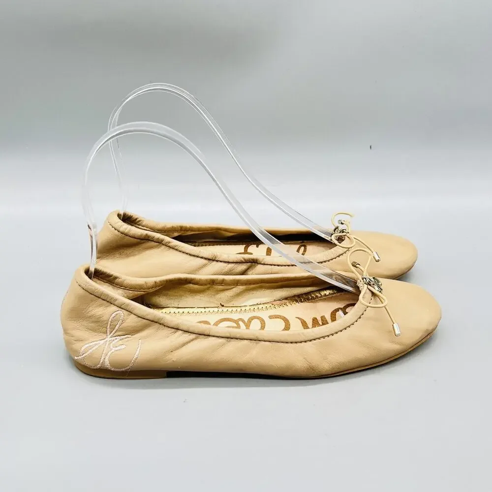 Sam Edelman Shoes Womens 6 Beige Leather Ballet Flats Bow Slip On Comfort Casual